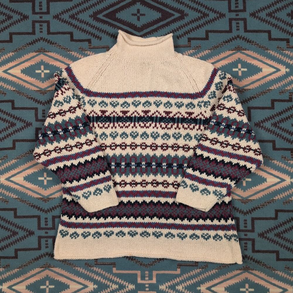 VTG Eddie Bauer Fair Isle Sweater Women’s Large 100% Cotton Mock Neck Thick Knit